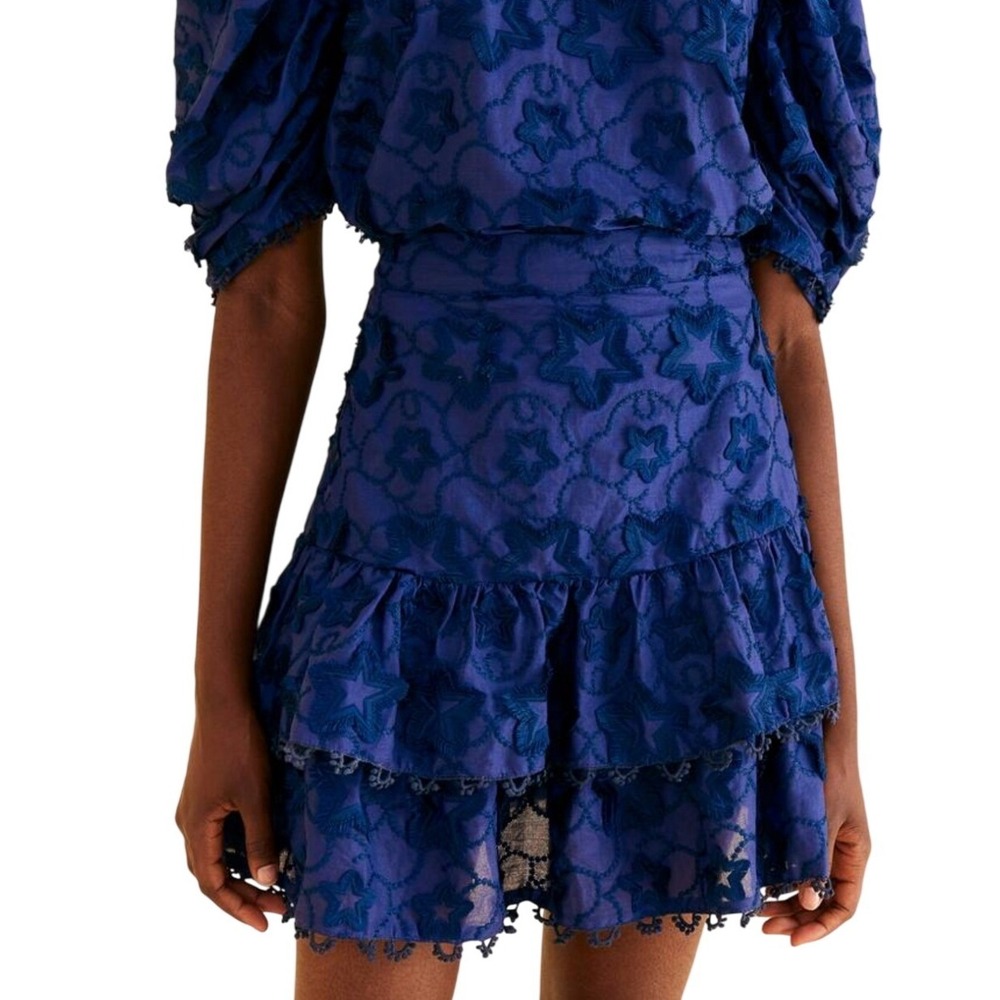 Farm Rio 3D Star Texture Navy Blue Mini Skirt Tiered Ruffle Embroidered XS NEW
